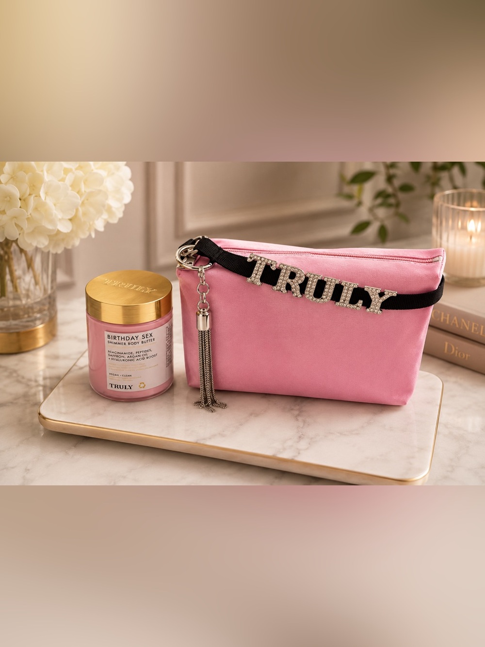 TRULY Pink Satin Pouch with Crystal Letter Strap and body butter set